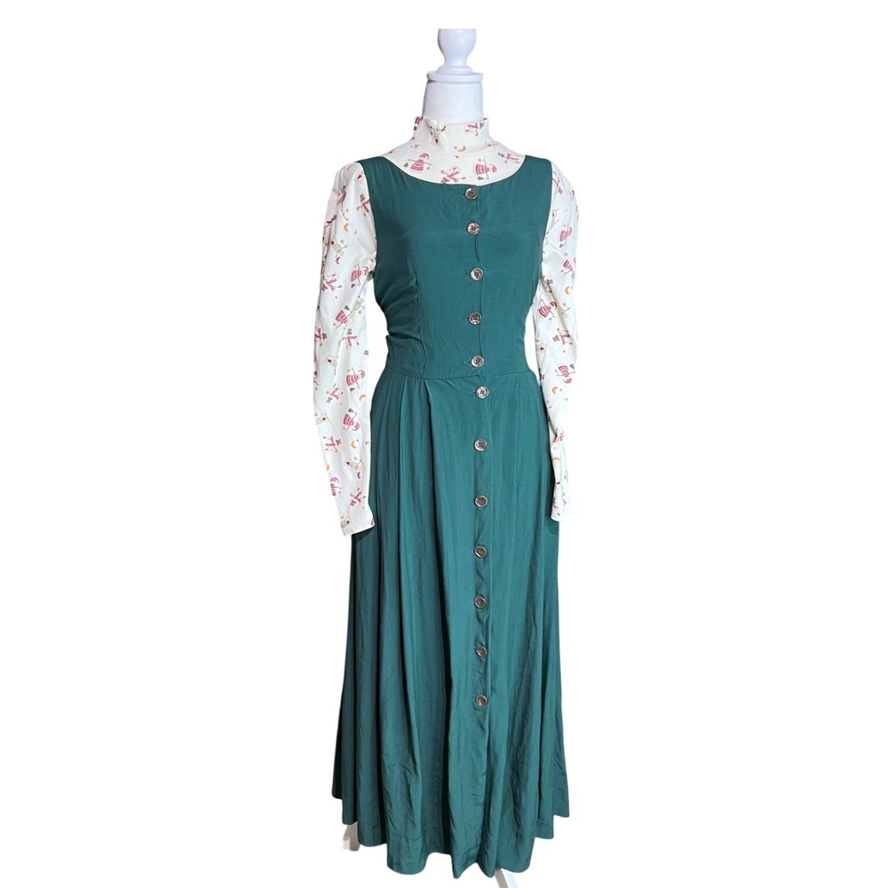 Vintage Green Button Down Maxi Dress with Blazer & Belt Outfit Boho Chic - Picture 2 of 7